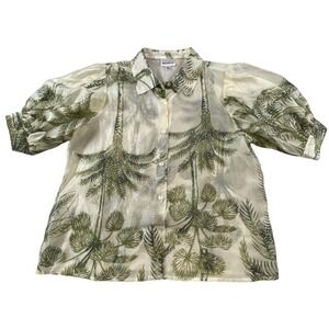 Bailey 44 Women Small Cream Green Palm Tree Puff Sleeve Lyocell Blouse Top
